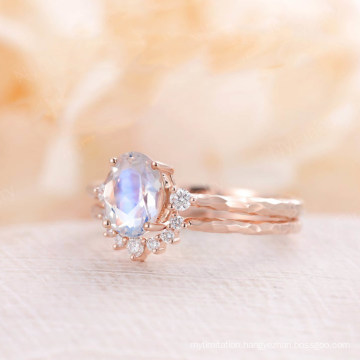 Rose Gold Plating 925 Sterling Silver Oval Cut Stacking Moonstone Couple Rings